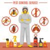 Pest Control Service Illustration Pest control service vector illustration with exterminator of insects in chemical protective suit termites and disinfection cans flat icons
